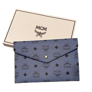 MCM Visetos Leather Envelope Clutch Blue - NIB